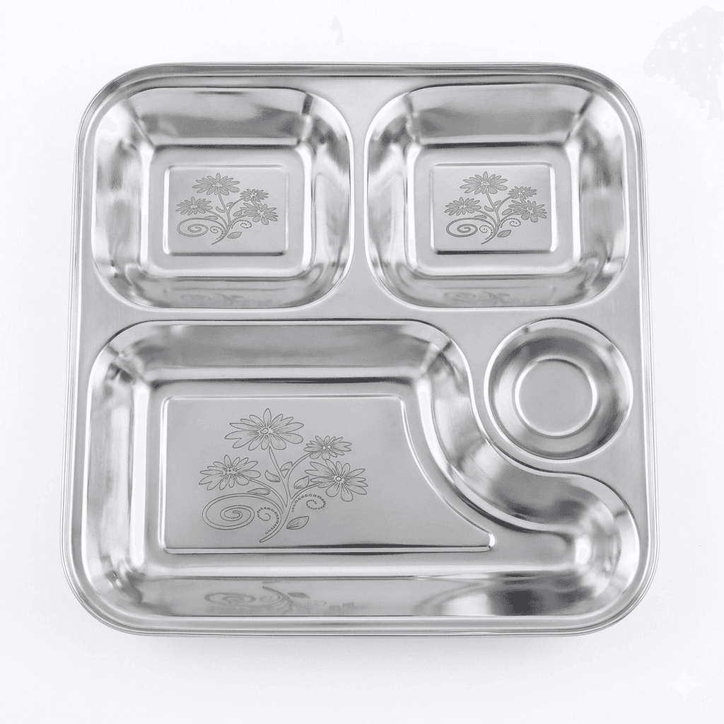 4in1 Bhojan Thaal / Compartment Plates 110gram 9x9"inches Mirror Polish & Lazer view 3