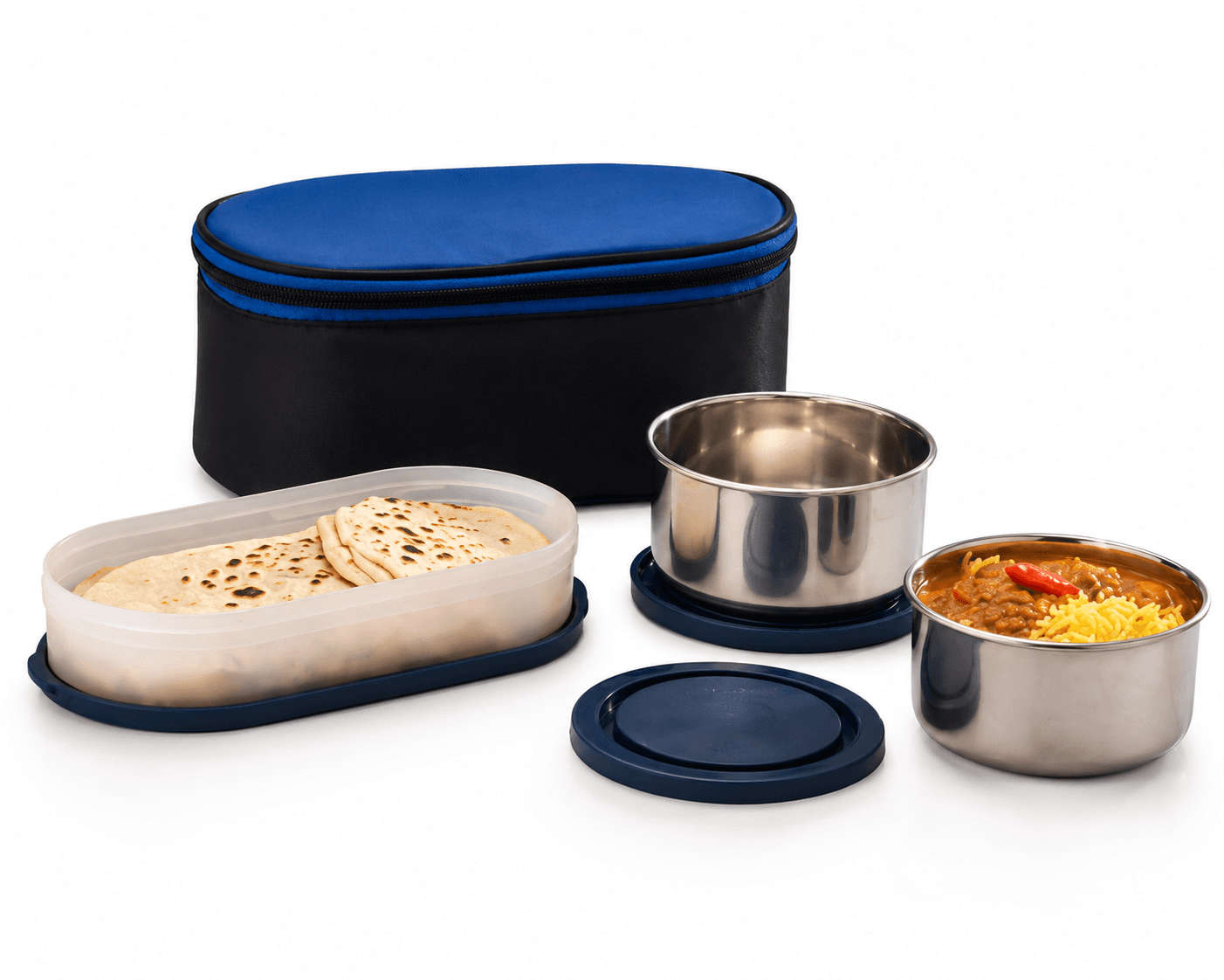 3 PIECE LUNCH BOX SET WITH 2 PIECES STEEL LID BOWLS 1 OVAL PLASTIC CHAPATI TRAY ++ 1 PC INSULATED BAG