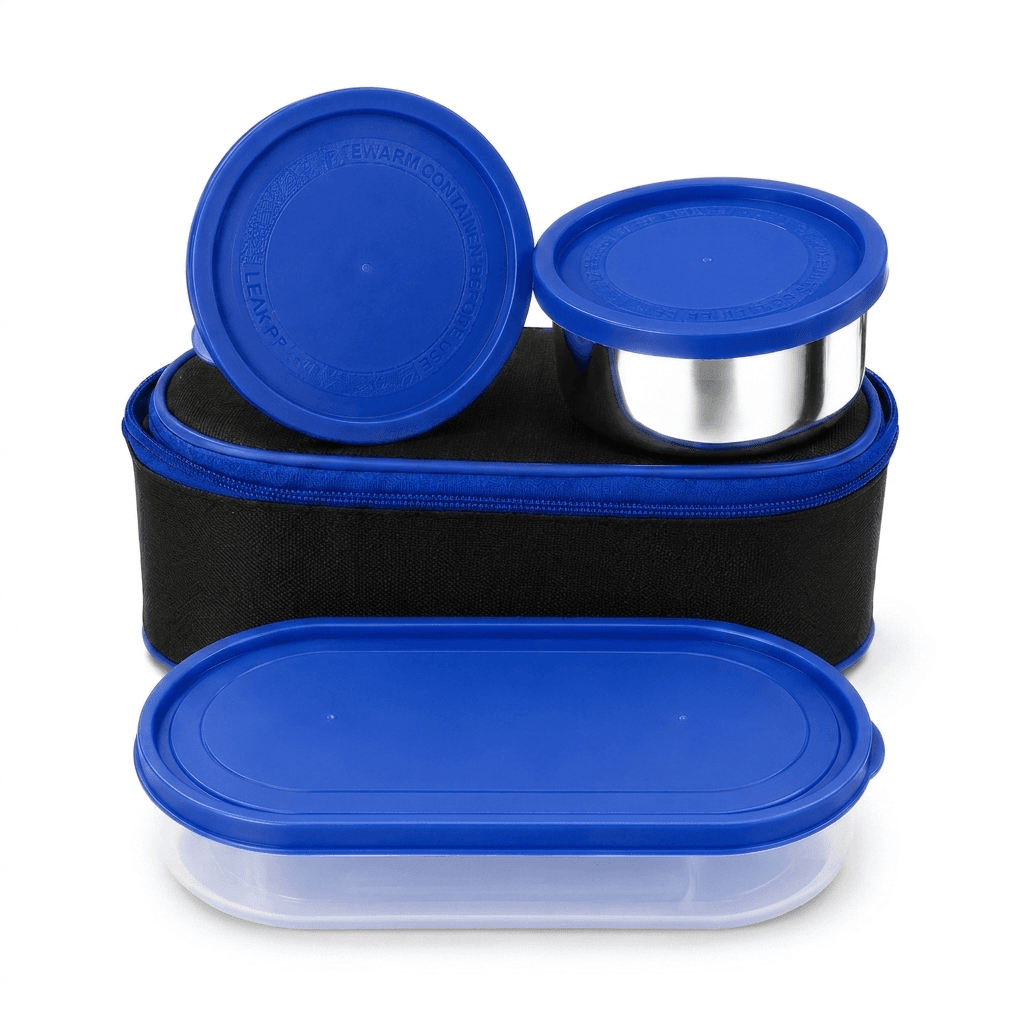 3 PIECE LUNCH BOX SET WITH 2 PIECES STEEL LID BOWLS 1 OVAL PLASTIC CHAPATI TRAY ++ 1 PC INSULATED BAG view 3