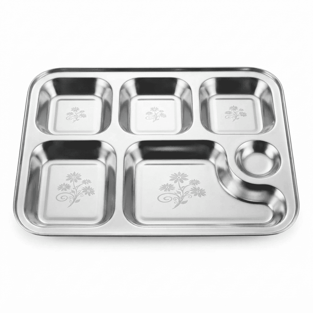 Stainless Steel 14x10" inches 6in1 Bhojan Thaal / Compartment Plate 200gram Lazer